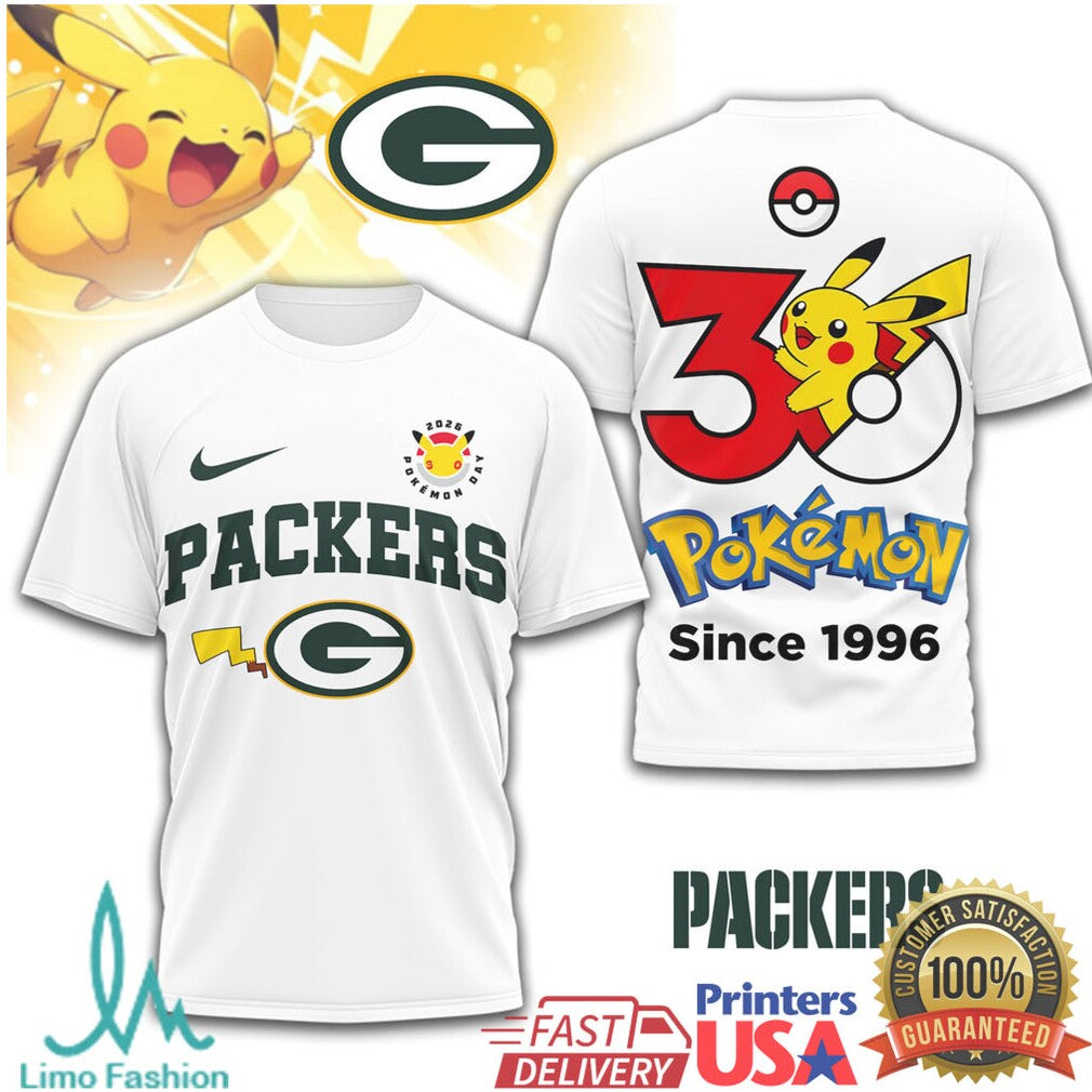 Green Bay Packers x Pokémon Pikachu 30th Anniversary T Shirt Since 1996