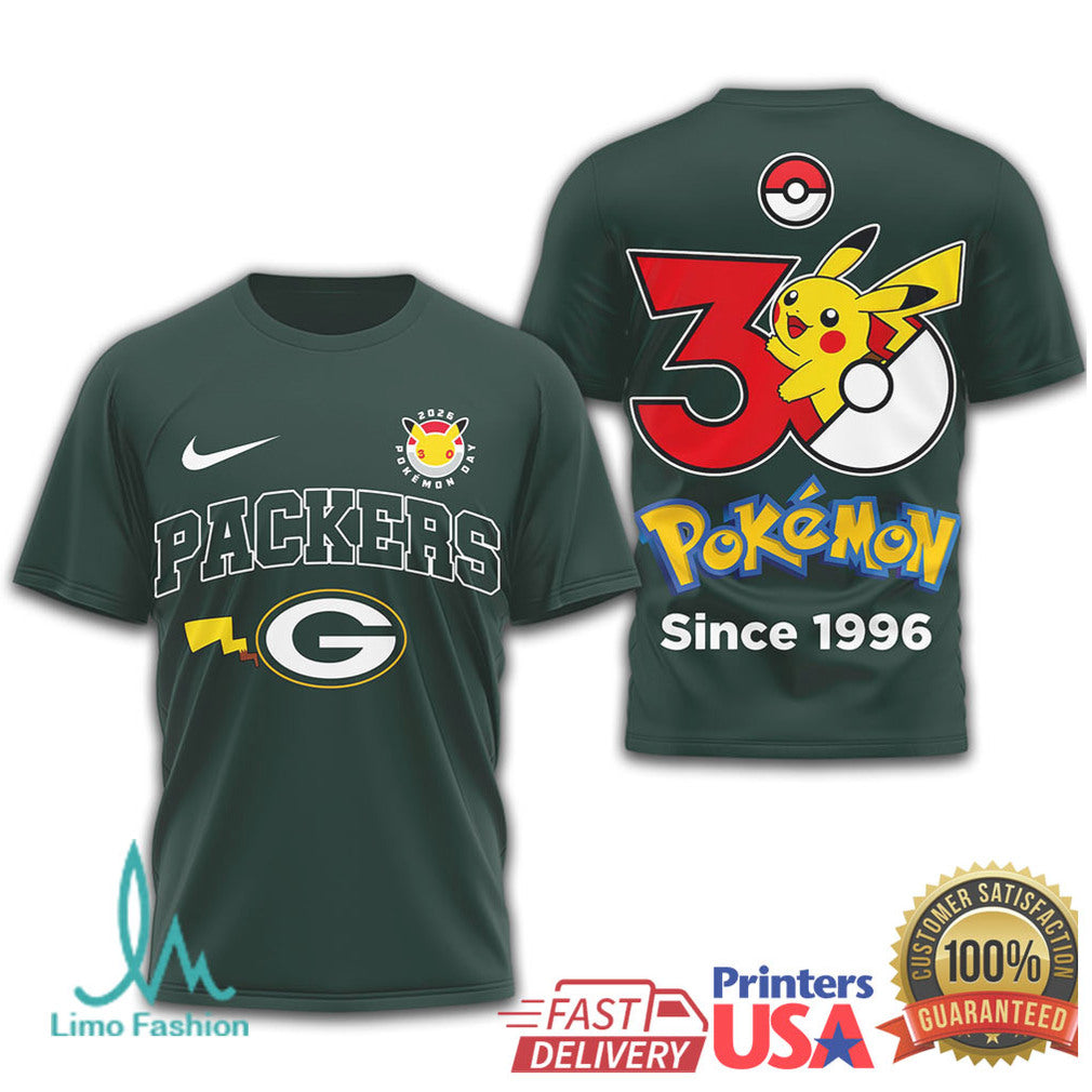 Green Bay Packers x Pokémon Pikachu 30th Anniversary T Shirt Since 1996