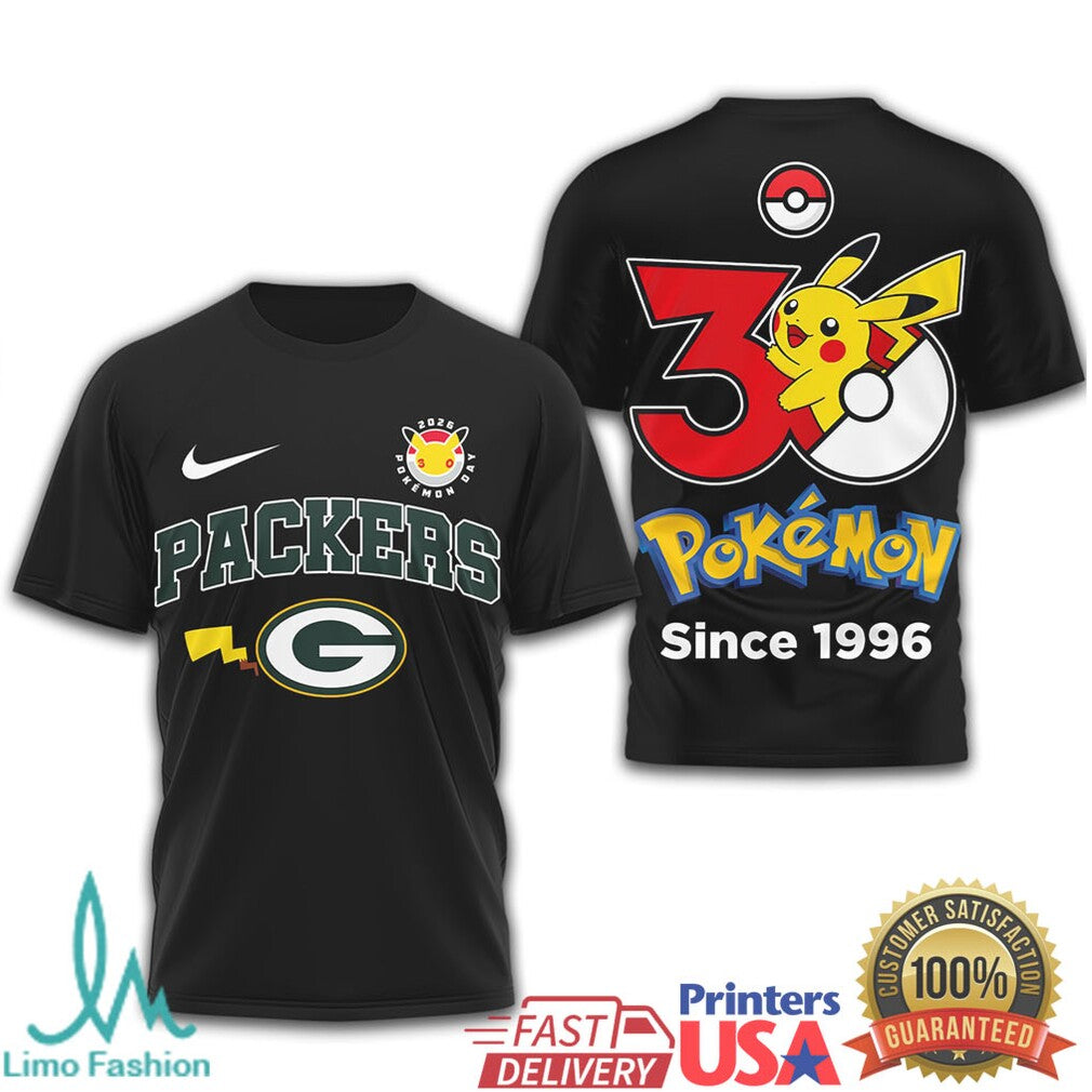 Green Bay Packers x Pokémon Pikachu 30th Anniversary T Shirt Since 1996