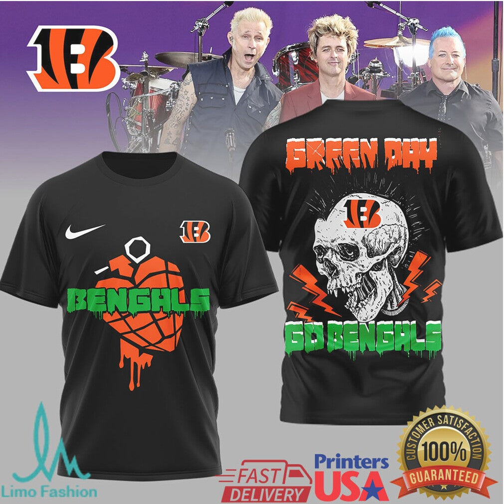 Green Day X Cincinnati Bengals Skull Heart Grenade Mashup T Shirt - Limotees LLC