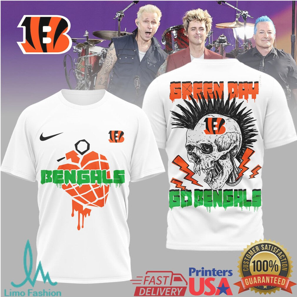 Green Day X Cincinnati Bengals Skull Heart Grenade Mashup T Shirt - Limotees LLC