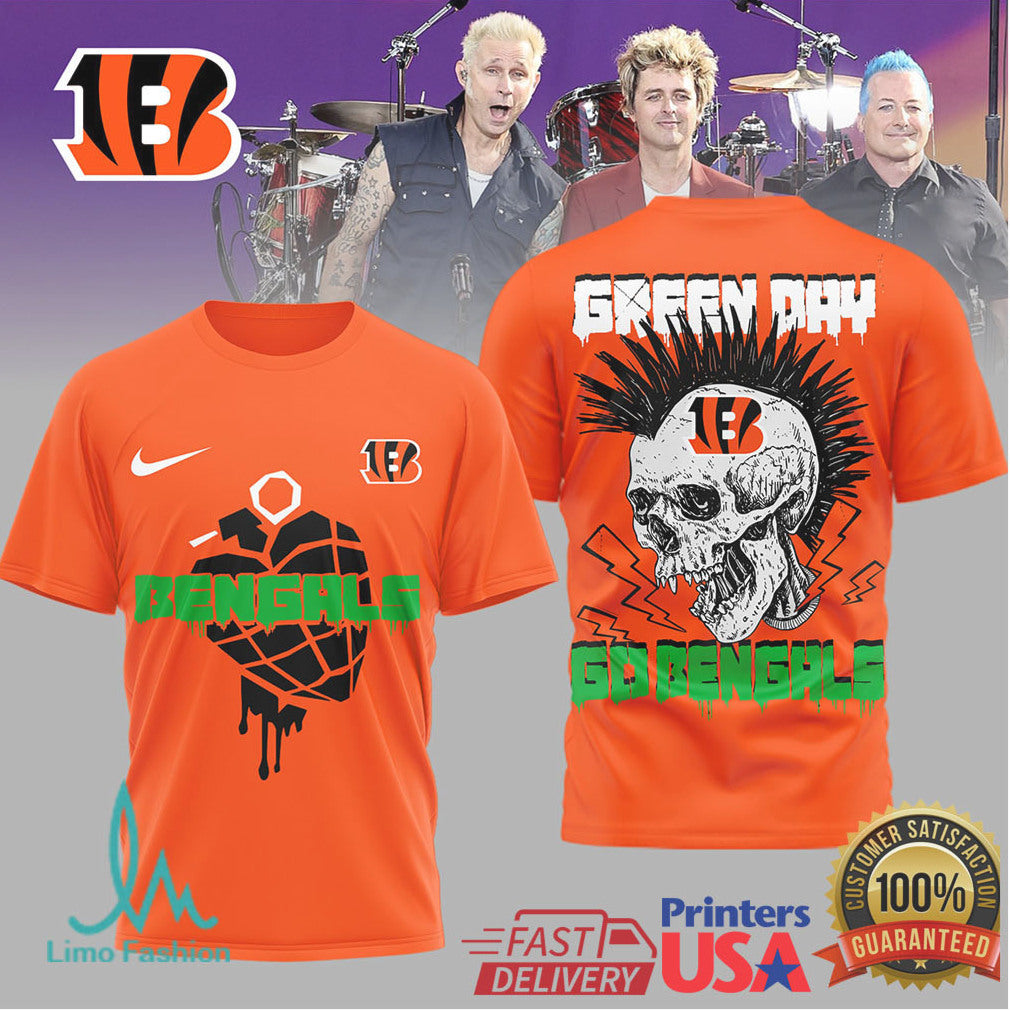 Green Day X Cincinnati Bengals Skull Heart Grenade Mashup T Shirt - Limotees LLC