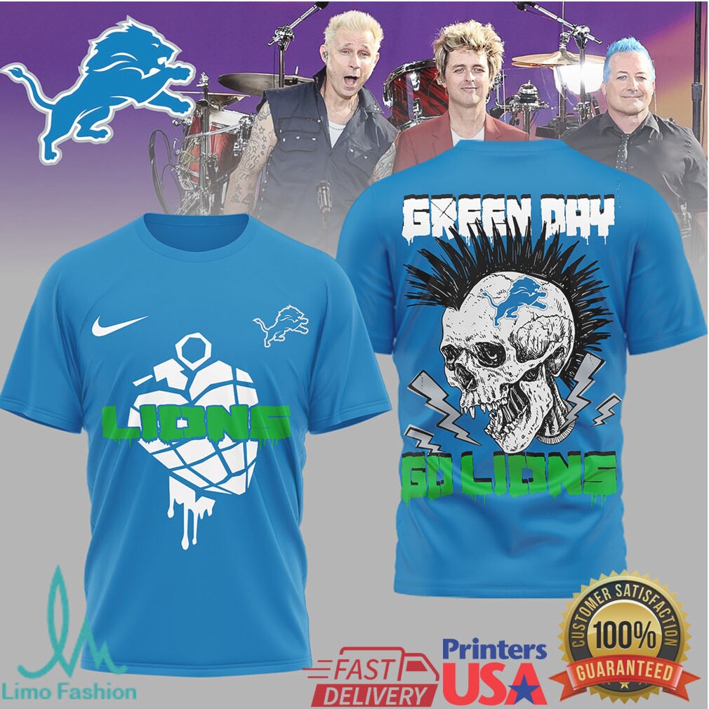 Green Day X Detroit Lions Skull Heart Grenade Mashup T Shirt - Limotees LLC