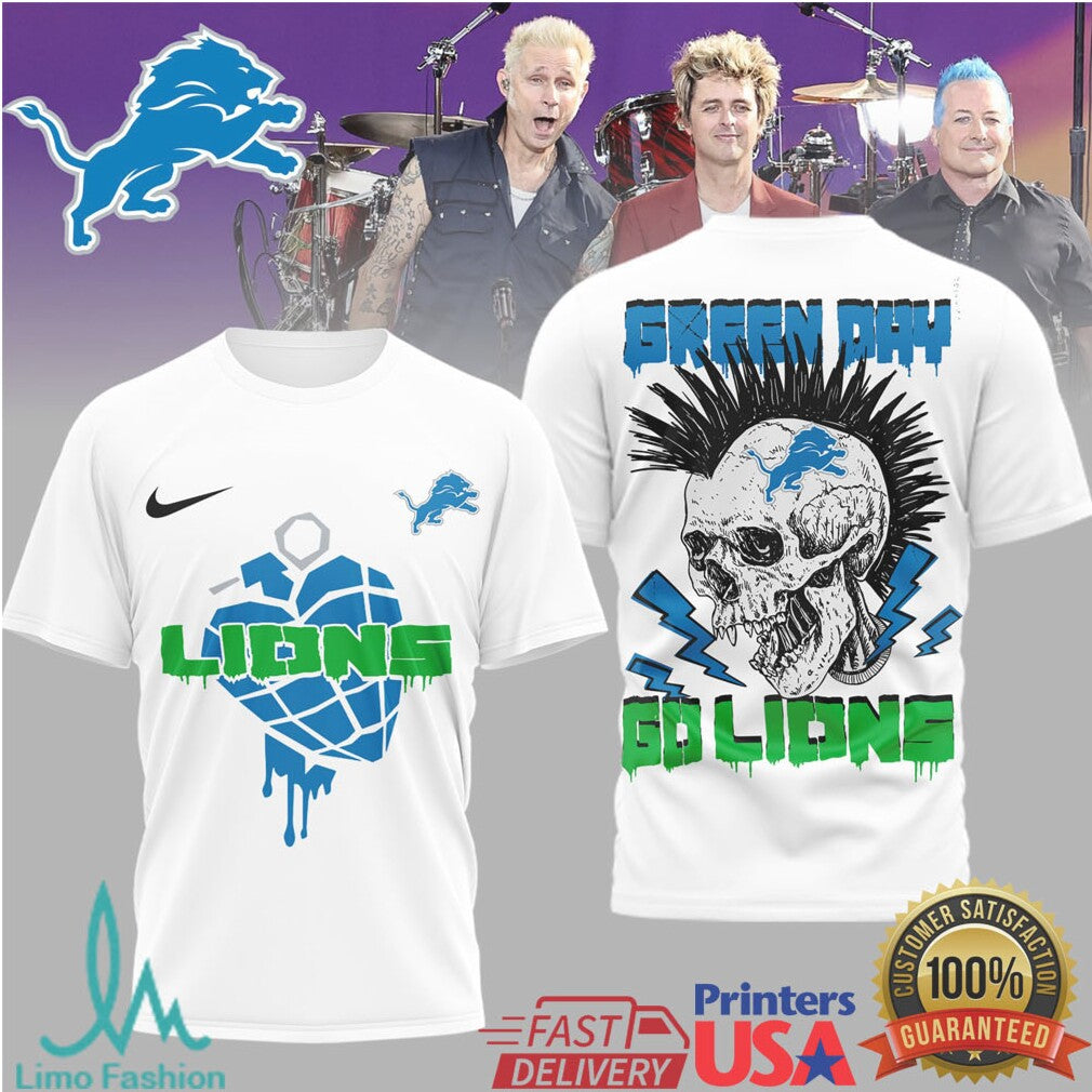 Green Day X Detroit Lions Skull Heart Grenade Mashup T Shirt - Limotees LLC
