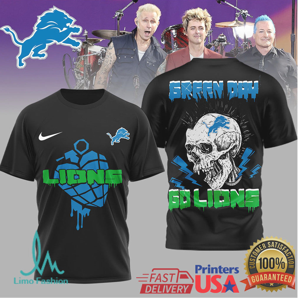 Green Day X Detroit Lions Skull Heart Grenade Mashup T Shirt - Limotees LLC