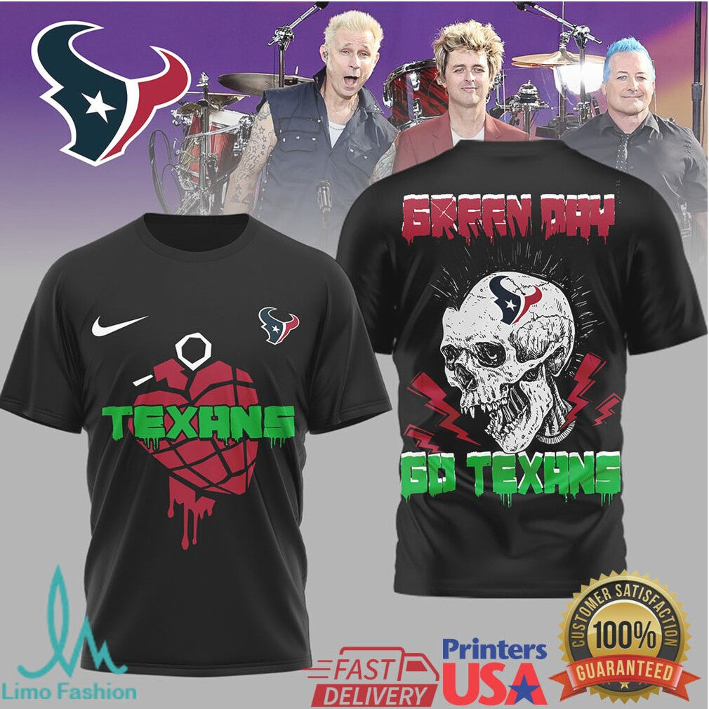 Green Day X Houston Texans Skull Heart Grenade Mashup T Shirt - Limotees LLC