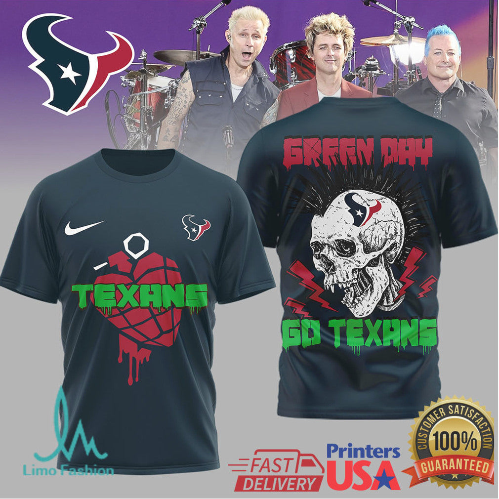 Green Day X Houston Texans Skull Heart Grenade Mashup T Shirt - Limotees LLC