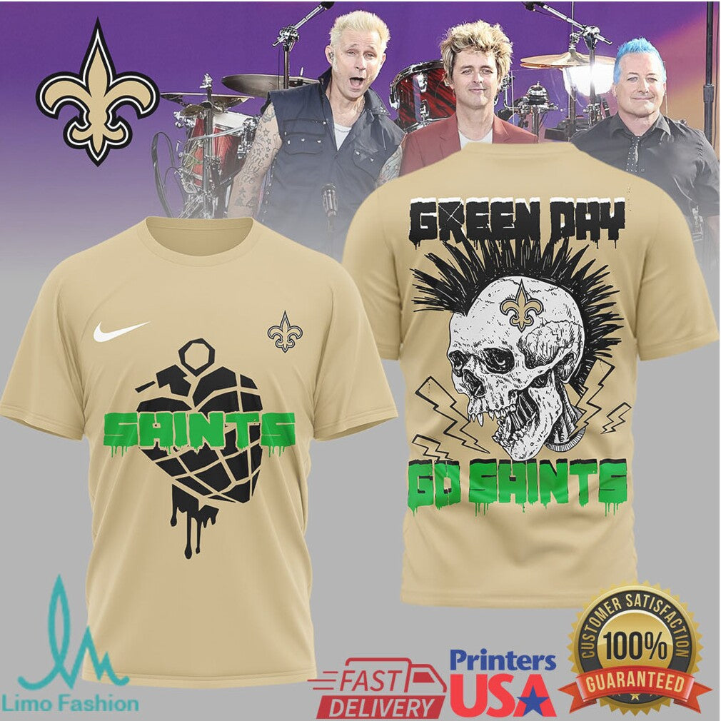 Green Day X New Orleans Saints Skull Heart Grenade Mashup T Shirt - Limotees LLC