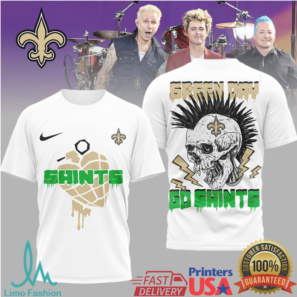 Green Day X New Orleans Saints Skull Heart Grenade Mashup T Shirt - Limotees LLC