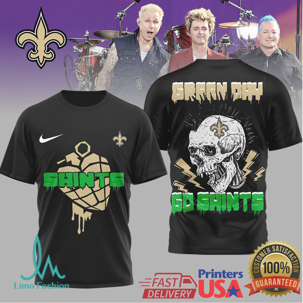 Green Day X New Orleans Saints Skull Heart Grenade Mashup T Shirt - Limotees LLC