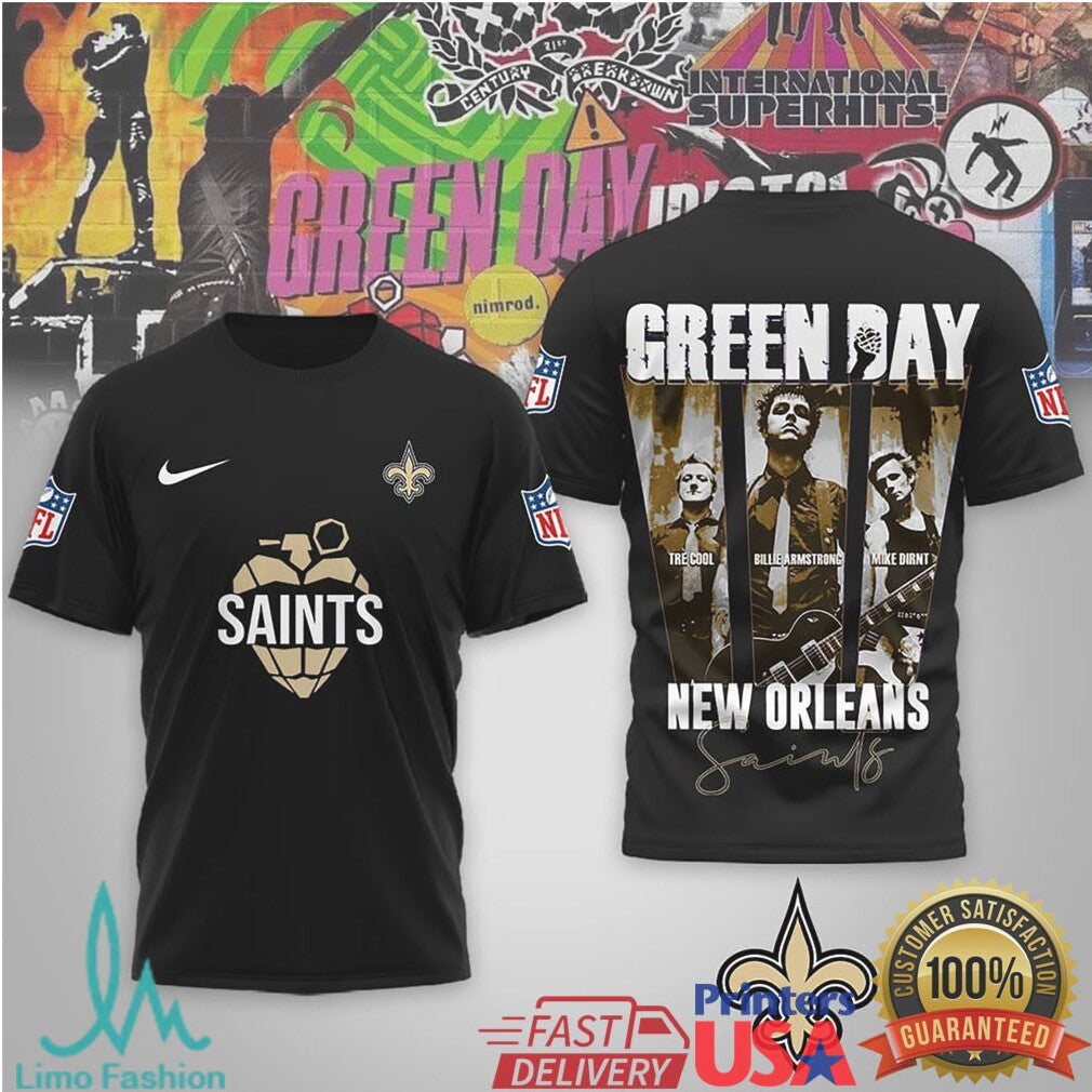 Green Day x New Orleans Saints Gold & Black Band Tee - Limotees LLC