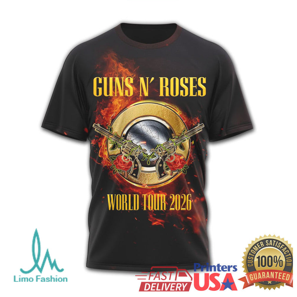 Guns N' Roses World Tour 2026 Fire and Guns Graphic T Shirt - Limotees LLC