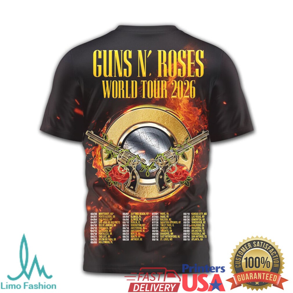 Guns N' Roses World Tour 2026 Flaming Logo Double Sided Band T Shirt - Limotees LLC
