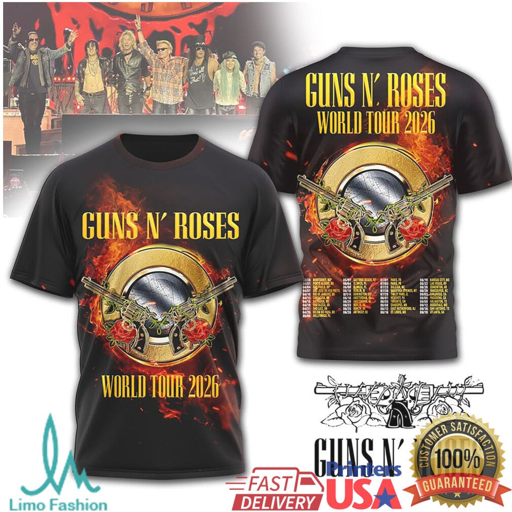 Guns N' Roses World Tour 2026 Flaming Logo Double Sided Band T Shirt - Limotees LLC