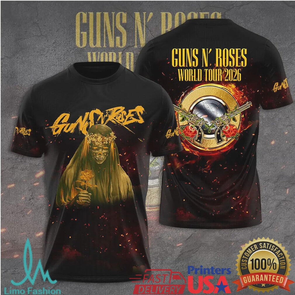 Guns N' Roses World Tour 2026 Golden Rose Reaper 3D Graphic T Shirt - Limotees LLC