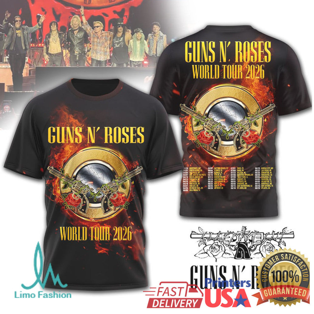 Guns N' Roses World Tour 2026 T Shirt Burning Roses and Pistols Graphic T Shirt - Limotees LLC
