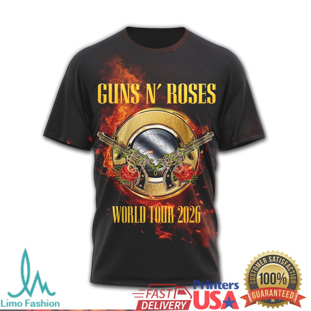 Guns N' Roses World Tour 2026 T Shirt Burning Roses and Pistols Graphic T Shirt - Limotees LLC