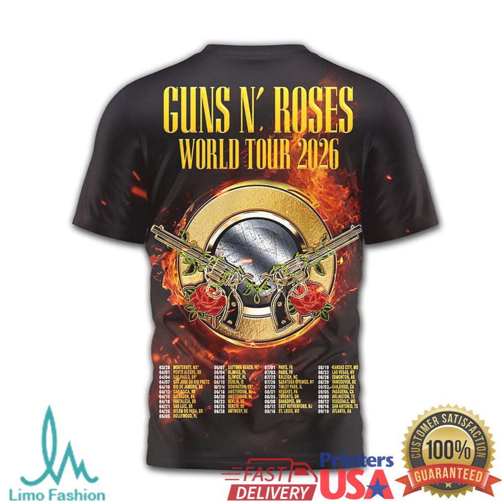 Guns N' Roses World Tour 2026 T Shirt Burning Roses and Pistols Graphic T Shirt - Limotees LLC