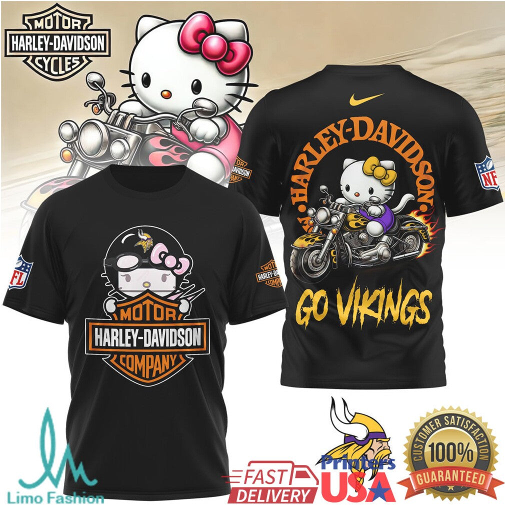 Minnesota Vikings Official NFL Hello Kitty Harley Davidson 3D Shirt - Limotees LLC
