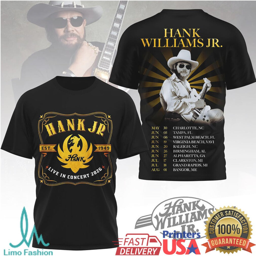 Hank Williams Jr Live In Concert 2026 Tour Dates Eagle Logo Tshirt - Limotees LLC