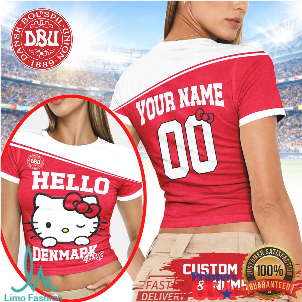 Hello Denmark Girl Custom Name & Number T Shirt DBU Soccer Fan Hello Kitty Style Crop Top - Limotees LLC