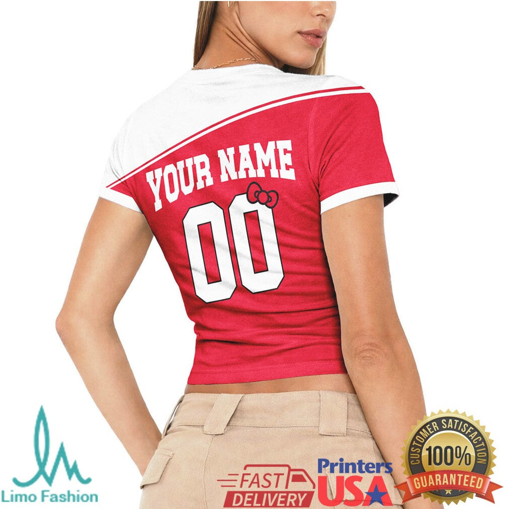 Hello Denmark Girl Custom Name & Number T Shirt DBU Soccer Fan Hello Kitty Style Crop Top - Limotees LLC