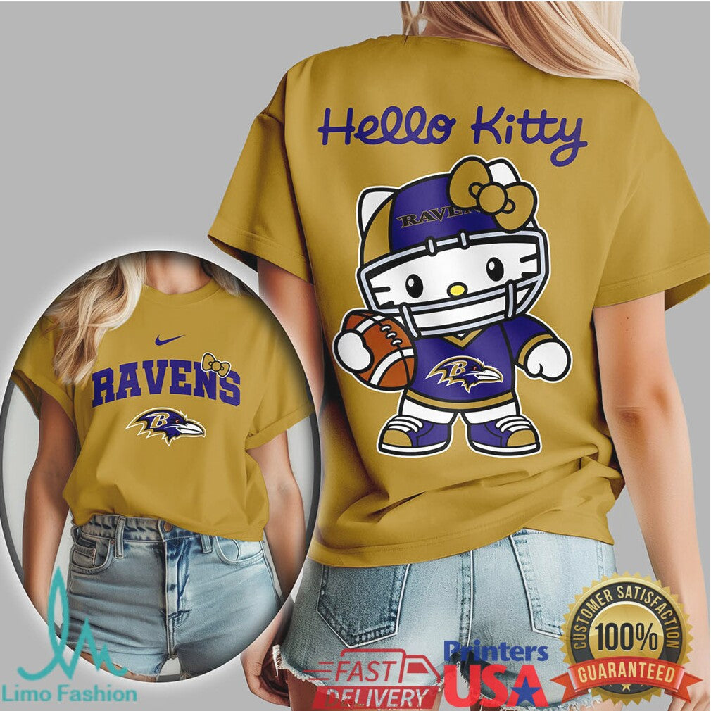Hello Kitty Baltimore Ravens Football Tshirt Cute Purple & Gold Fan Tee - Limotees LLC