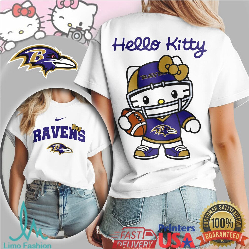 Hello Kitty Baltimore Ravens Football Tshirt Cute Purple & Gold Fan Tee - Limotees LLC