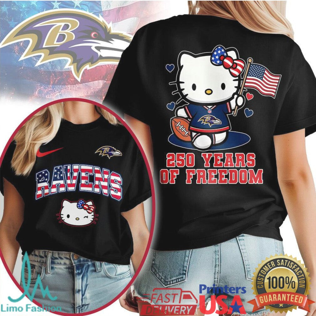 Hello Kitty Baltimore Ravens T Shirt 250 Years of Freedom American Flag T Shirt - Limotees LLC