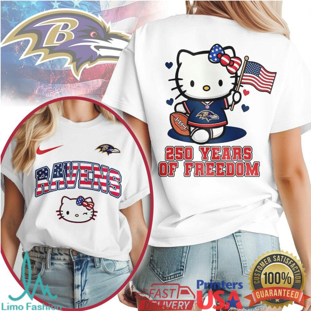 Hello Kitty Baltimore Ravens T Shirt 250 Years of Freedom American Flag T Shirt - Limotees LLC
