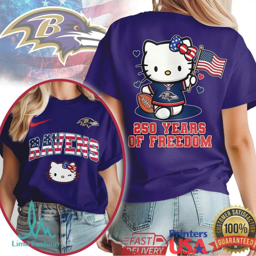 Hello Kitty Baltimore Ravens T Shirt 250 Years of Freedom American Flag T Shirt - Limotees LLC