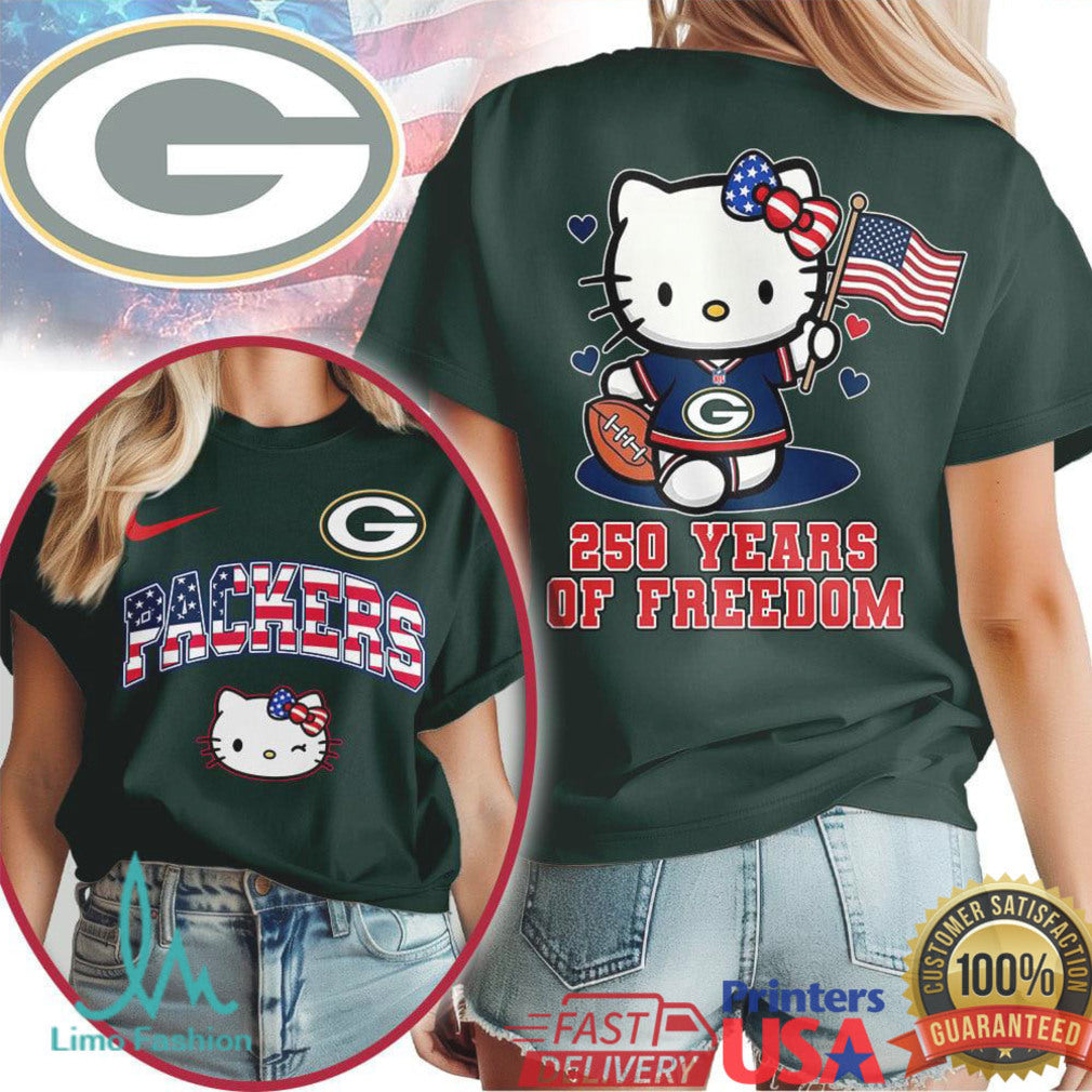 Hello Kitty Green Bay Packers T Shirt 250 Years of Freedom USA Flag Football T Shirt