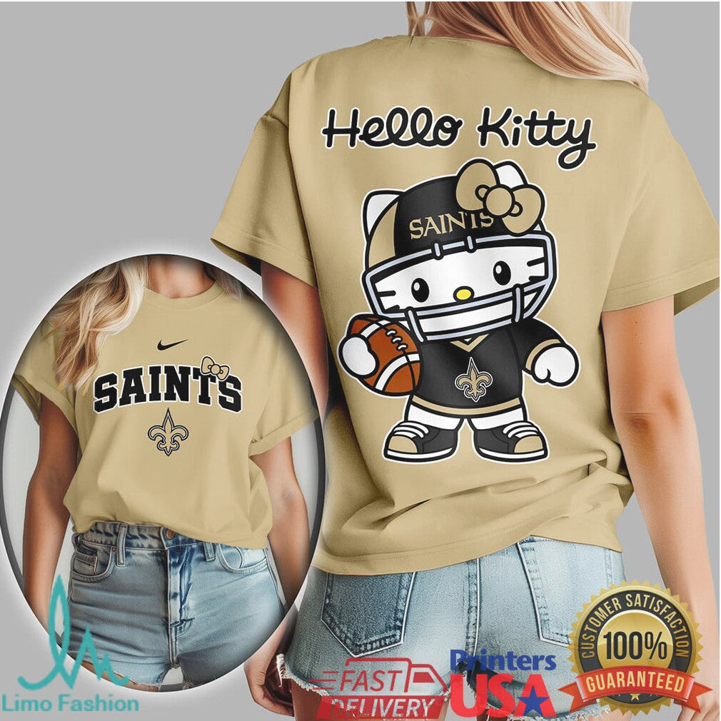 Hello Kitty New Orleans Saints Gold & Black Helmet Tee - Limotees LLC