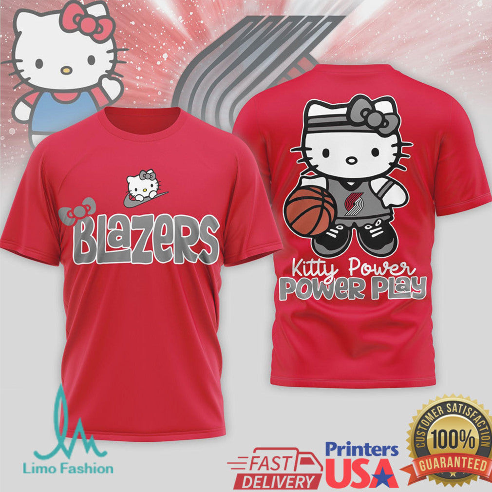Hello Kitty Portland Trail Blazers Basketball T Shirt Kitty Power Power Play NBA Apparel - Limotees LLC
