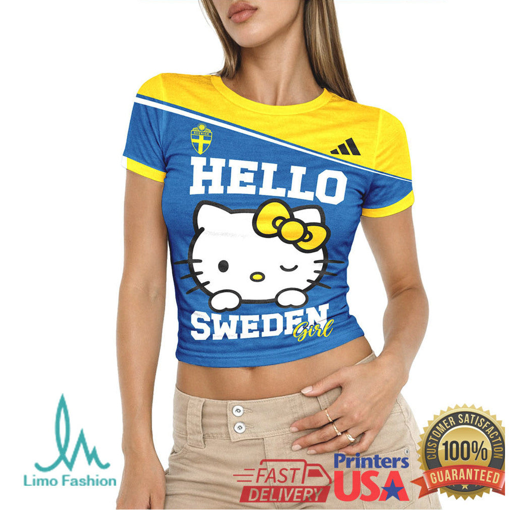 Hello Sweden Girl Personalized Soccer Fan T Shirt Custom Sweden National Team Colors Crop Top