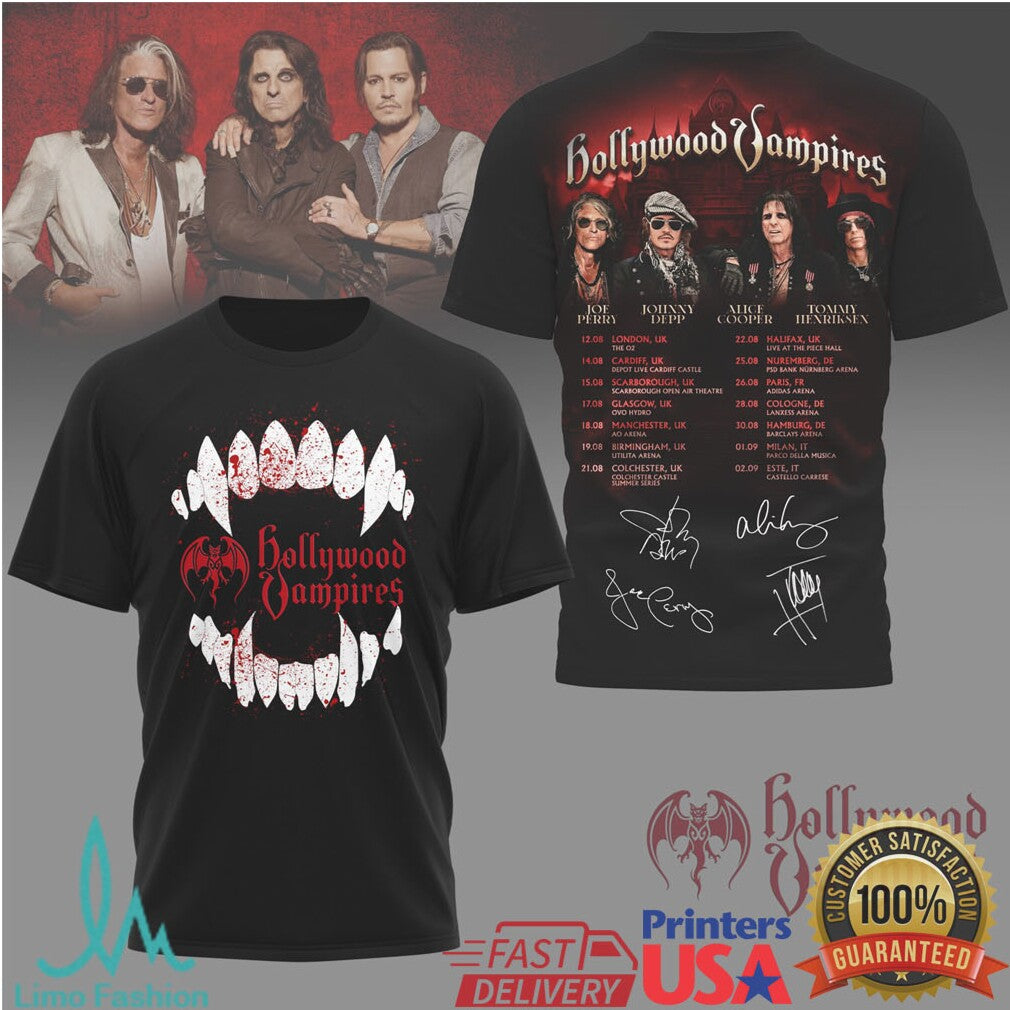 Hollywood Vampires Tour T Shirt Vampire Fangs Johnny Depp Alice Cooper Joe Perry - Limotees LLC