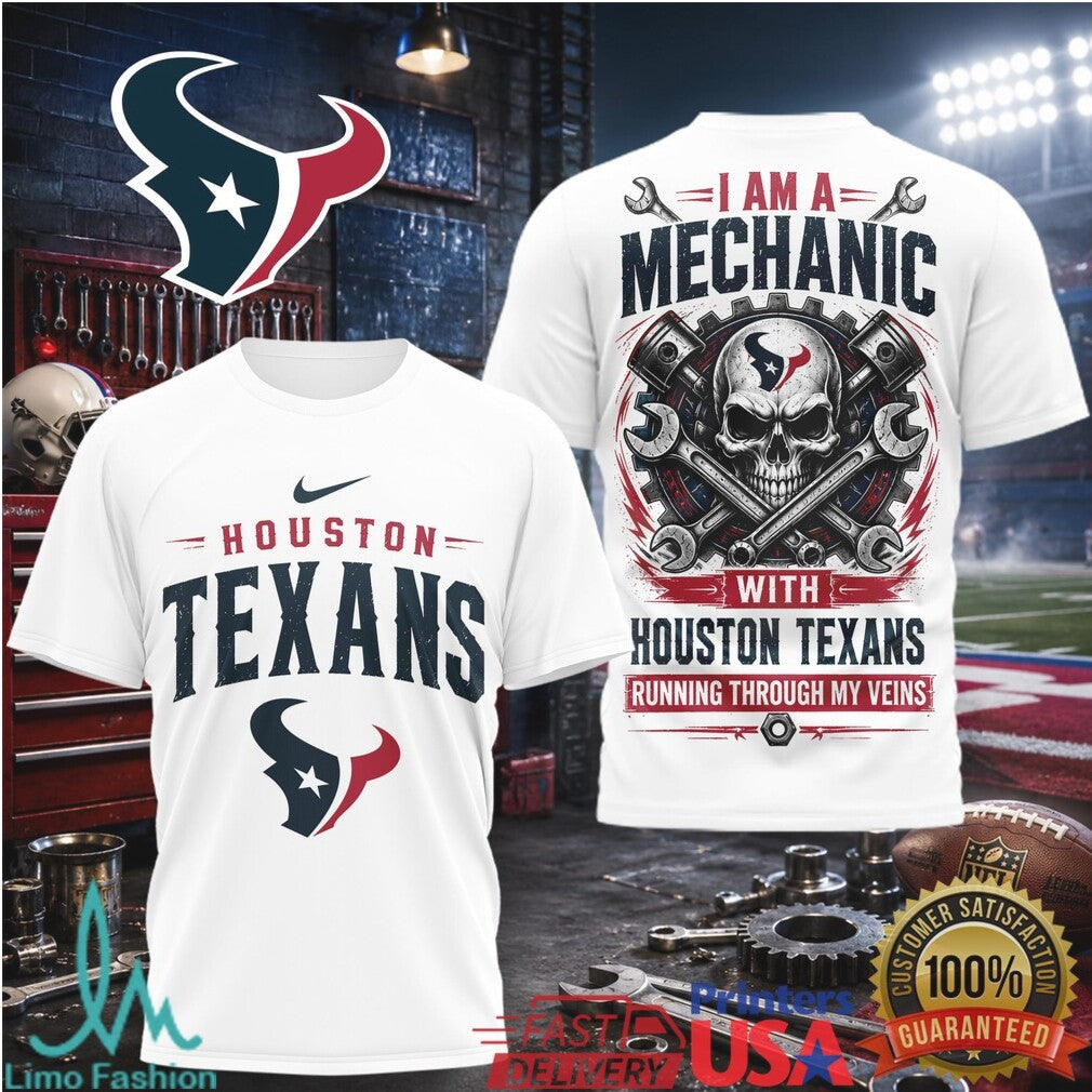Houston Texans Mechanic Skull Pistons T Shirt - Limotees LLC