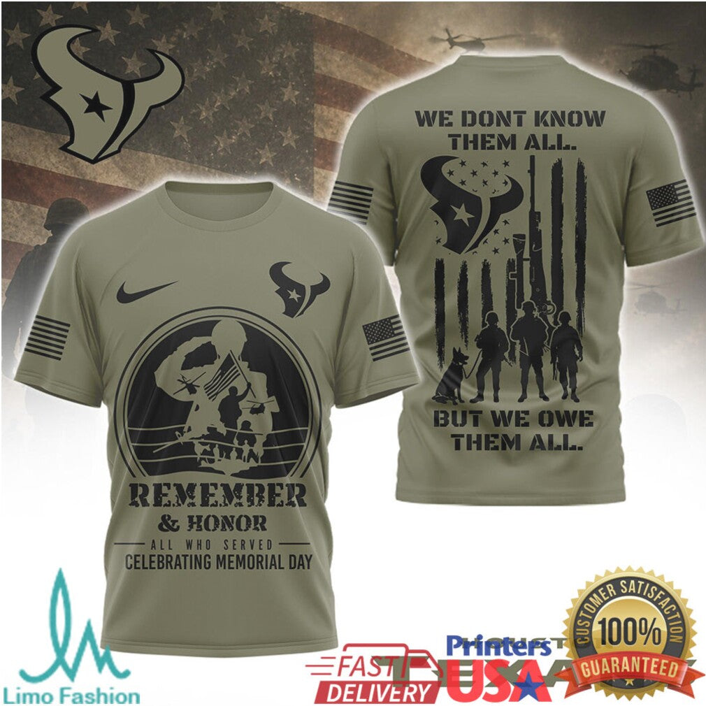 Houston Texans Military Appreciation T Shirt Remember & Honor Memorial Day Salute to Service Graphic T Shirt - Limotees LLC