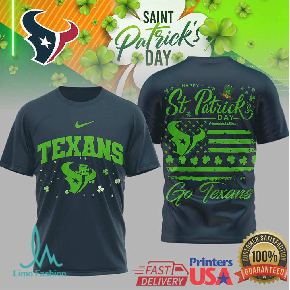 Houston Texans St. Patrick'S Day Bull Clover Patriotic Flag Tshirt - Limotees LLC