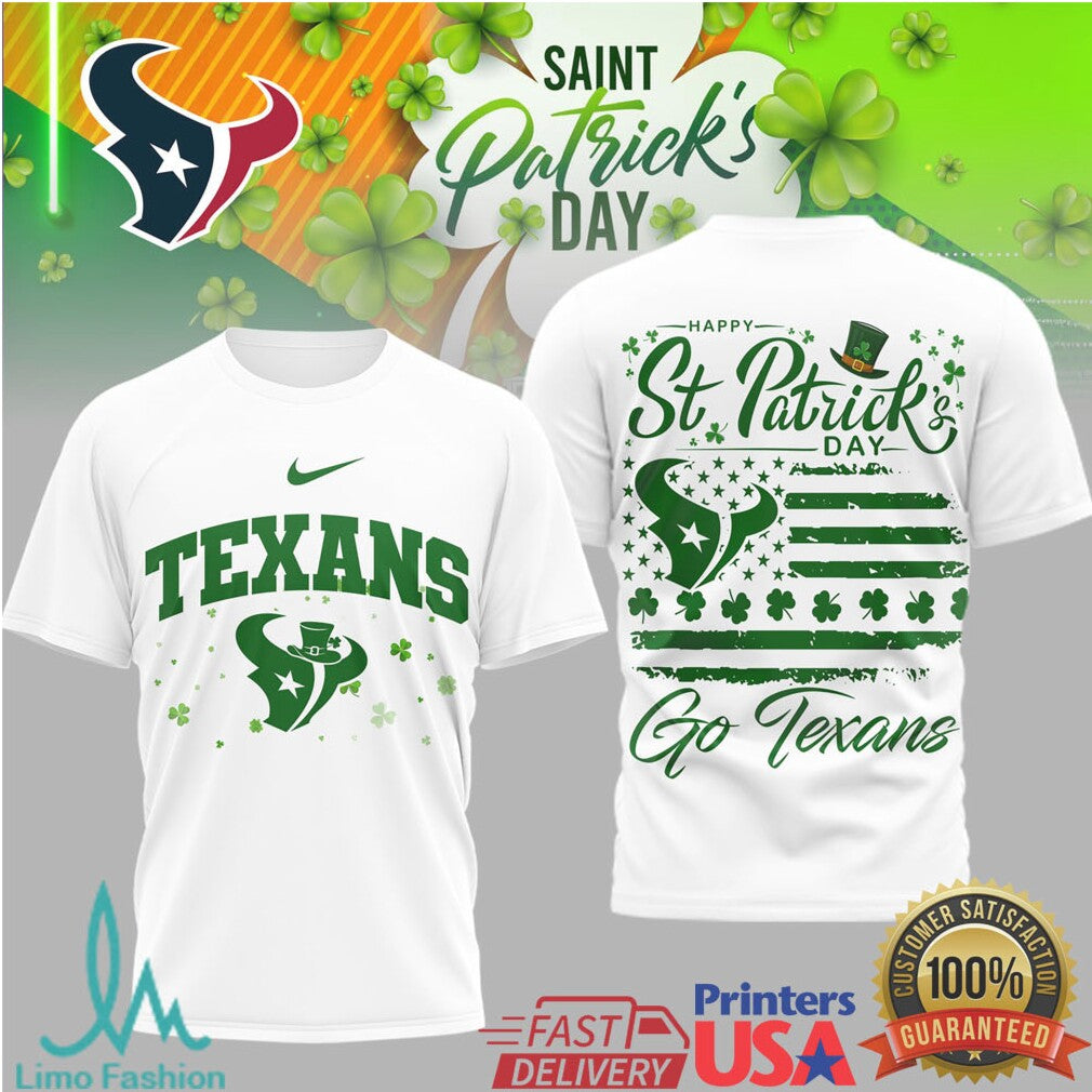 Houston Texans St. Patrick'S Day Bull Clover Patriotic Flag Tshirt - Limotees LLC