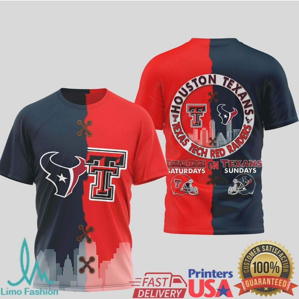 Houston Texans & Texas Tech Red Raiders Split Logo T Shirt Texas Dual Fan Apparel - Limotees LLC