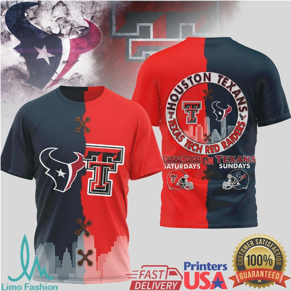 Houston Texans & Texas Tech Red Raiders Split Logo T Shirt Texas Dual Fan Apparel - Limotees LLC