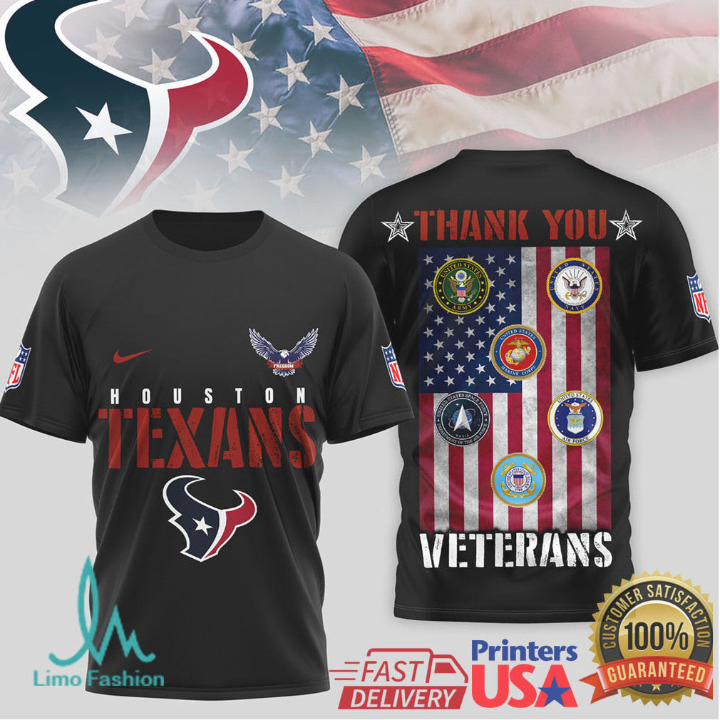 Houston Texans Thank You Veterans Military Appreciation Black T Shirt - Limotees LLC