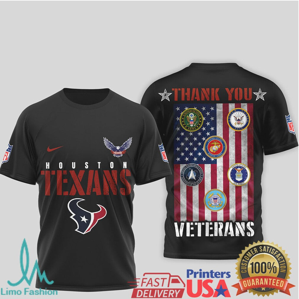 Houston Texans Thank You Veterans Military Appreciation Black T Shirt - Limotees LLC
