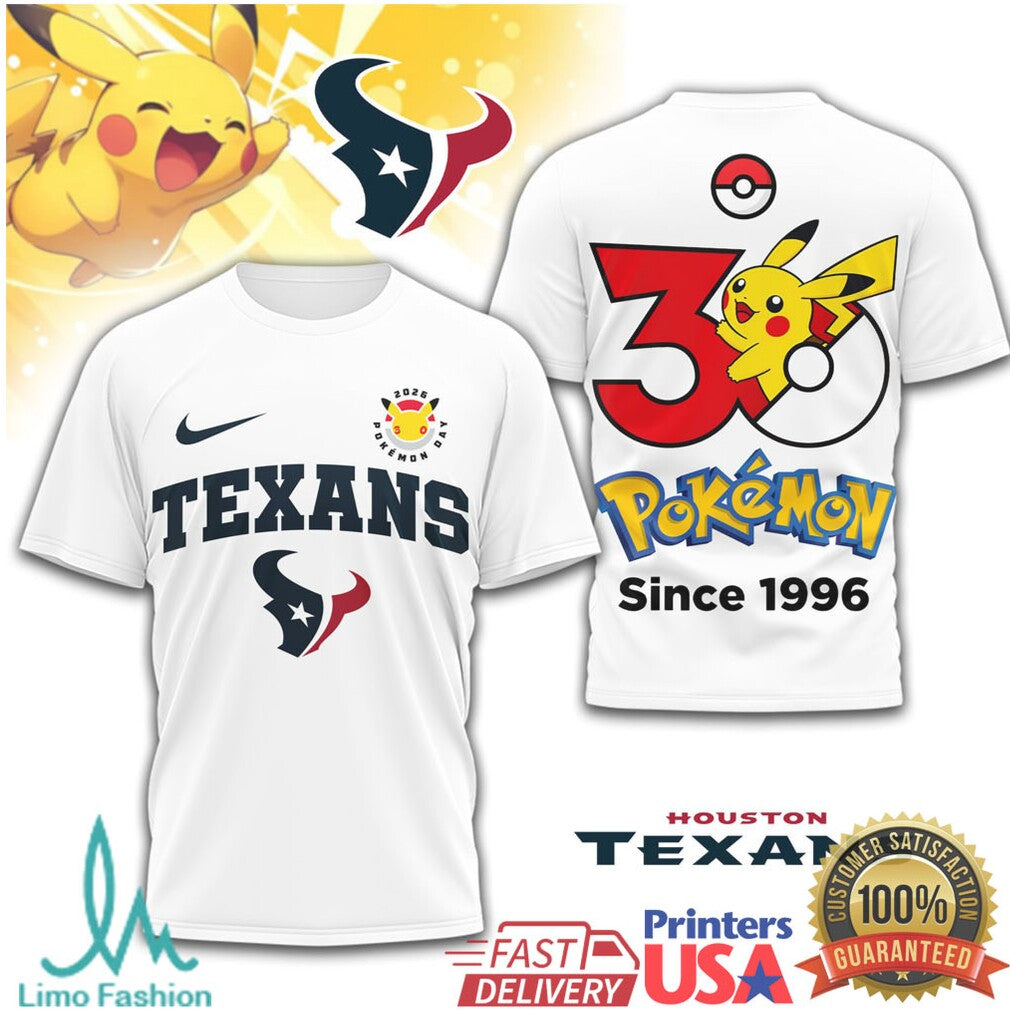 Houston Texans x Pokémon Pikachu 30th Anniversary T Shirt Since 1996 - Limotees LLC