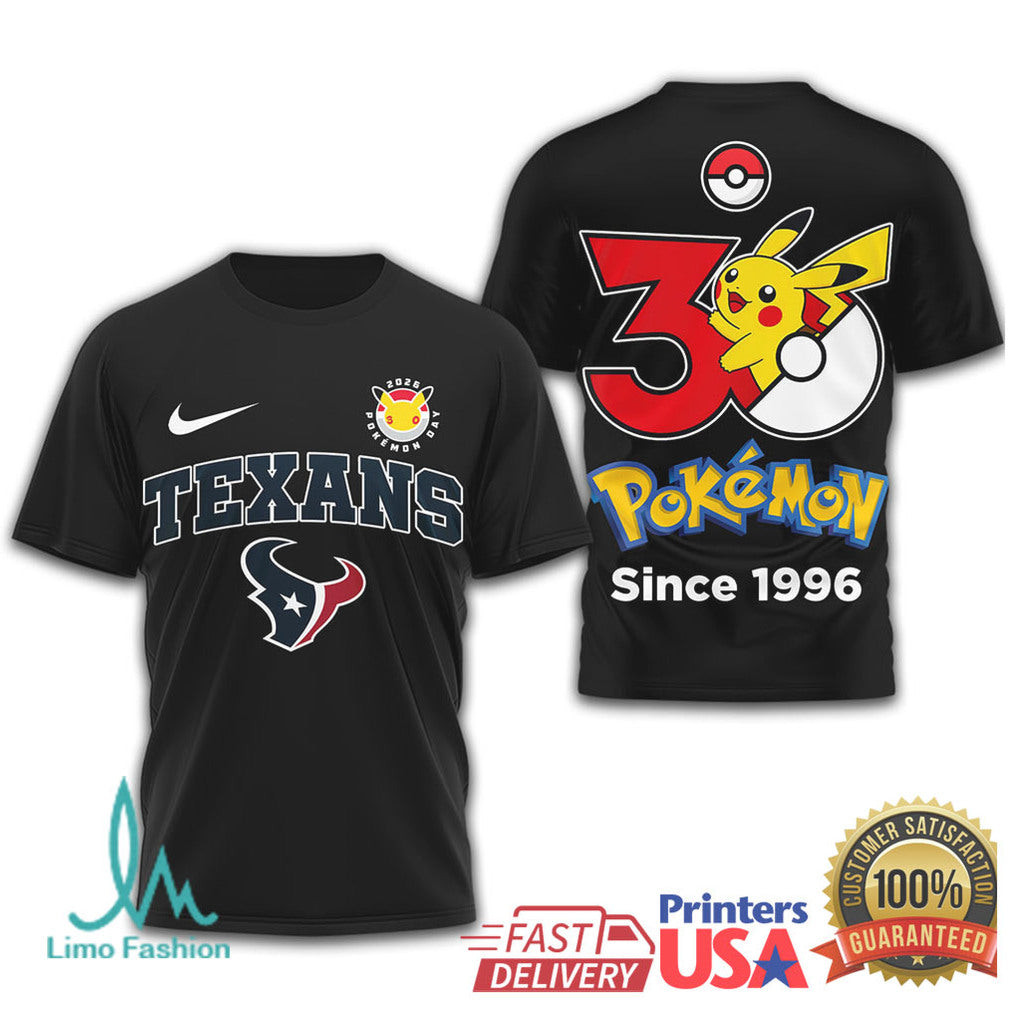 Houston Texans x Pokémon Pikachu 30th Anniversary T Shirt Since 1996 - Limotees LLC