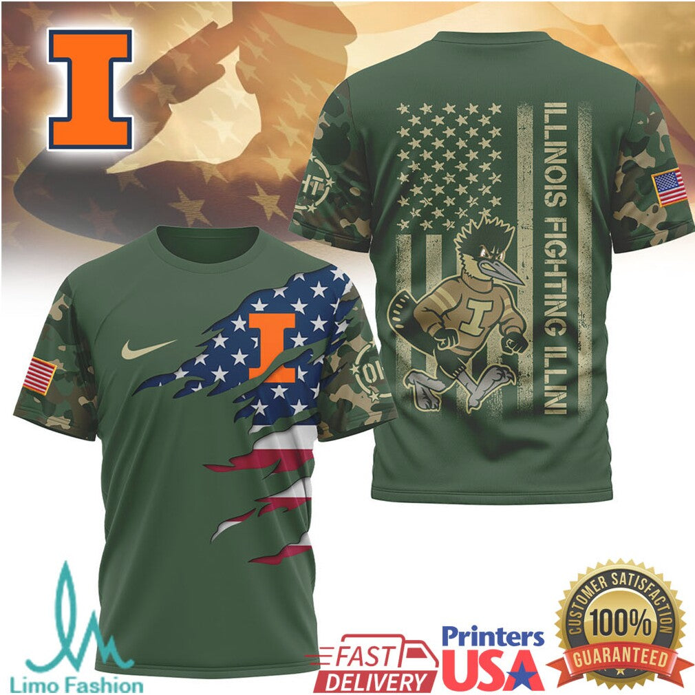 Illinois Fighting Illini Military Appreciation Camo American Flag T Shirt - Limotees LLC