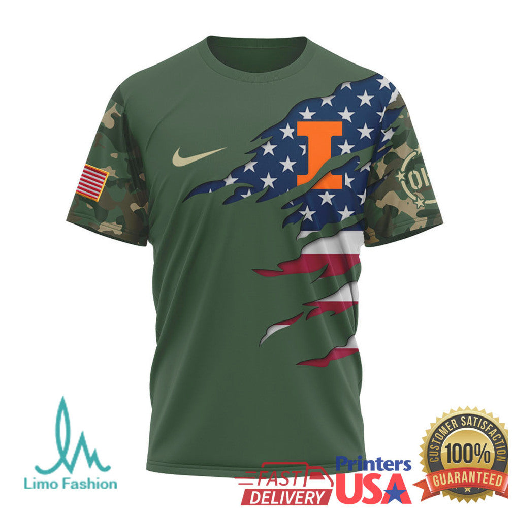 Illinois Fighting Illini Military Appreciation Camo American Flag T Shirt - Limotees LLC