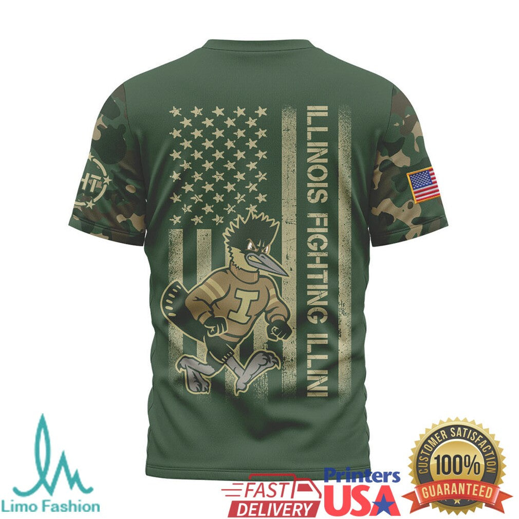Illinois Fighting Illini Military Appreciation Camo American Flag T Shirt - Limotees LLC