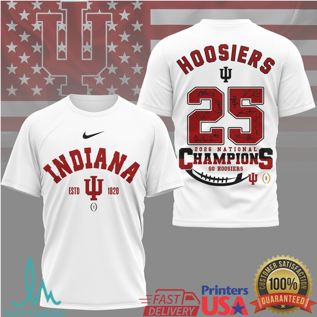 Indiana Hoosiers 2026 National Champions Football T Shirt Go Hoosiers Signed Roster Commemorative T Shirt - Limotees LLC